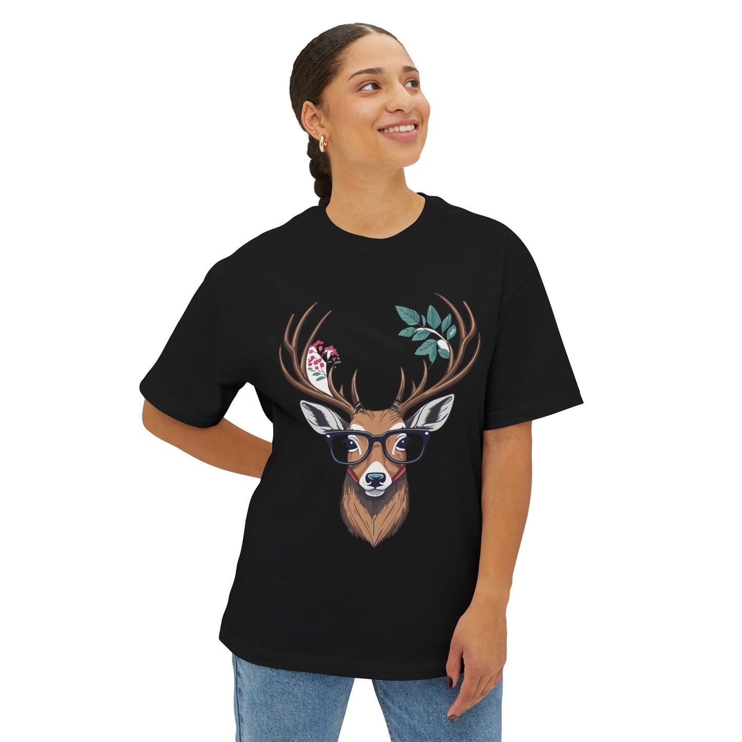 Whimsical Deer Graphic Tee, Unisex Oversized Boxy Tee, Nature Lover Shirt, Cute Animal Shirt, Relaxed Fit T-Shirt, Gift for Him/Her