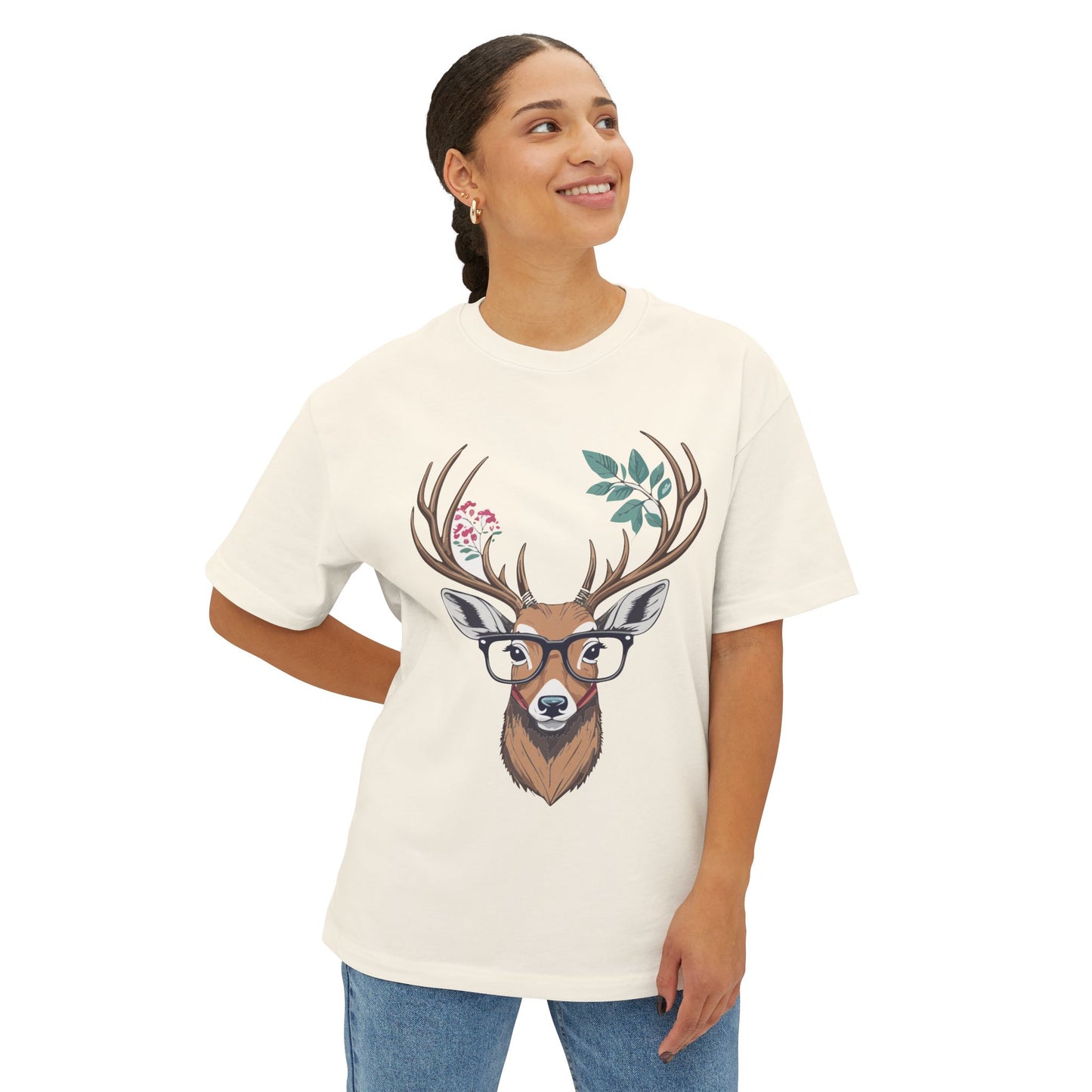 Whimsical Deer Graphic Tee, Unisex Oversized Boxy Tee, Nature Lover Shirt, Cute Animal Shirt, Relaxed Fit T-Shirt, Gift for Him/Her