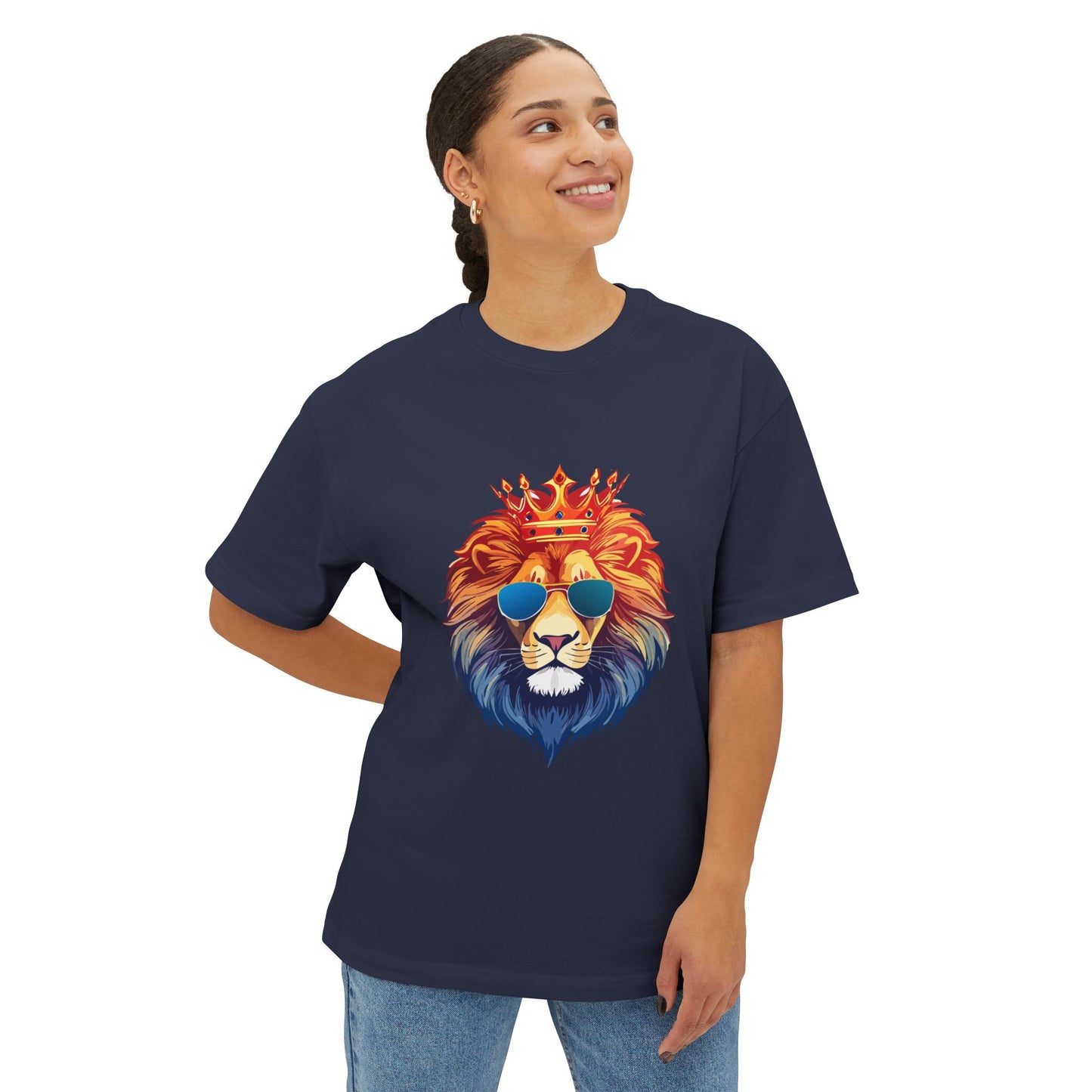 Cool Lion Sunglasses Unisex Oversized Boxy Tee - Stylish Graphic Tee, Trendy Streetwear, Casual Outfit, Gift for Animal Lovers, Summer