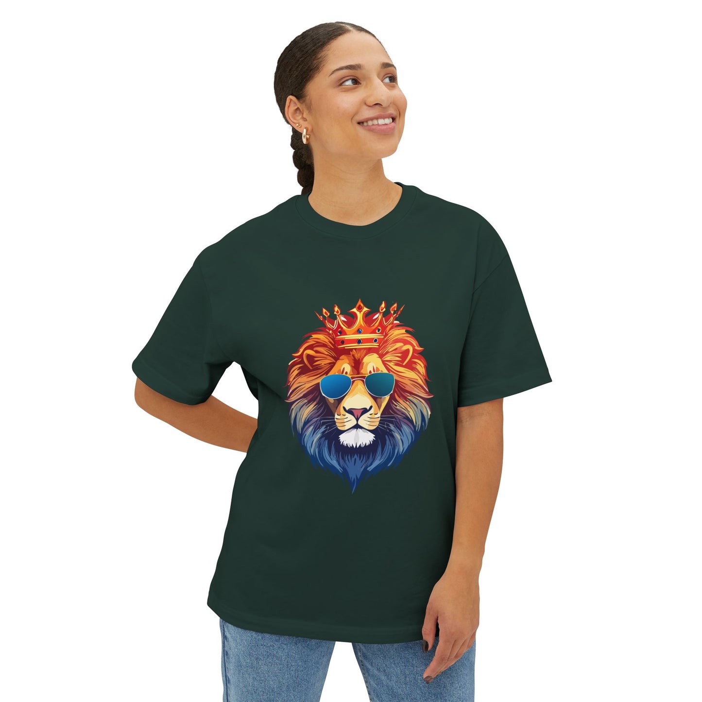 Cool Lion Sunglasses Unisex Oversized Boxy Tee - Stylish Graphic Tee, Trendy Streetwear, Casual Outfit, Gift for Animal Lovers, Summer