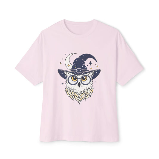 Witchy Owl Oversized Tee, Cozy Tee for Halloween, Unisex Graphic Shirt, Gift for Pet Lovers, Cute Witch Apparel, Owl Lovers Tee