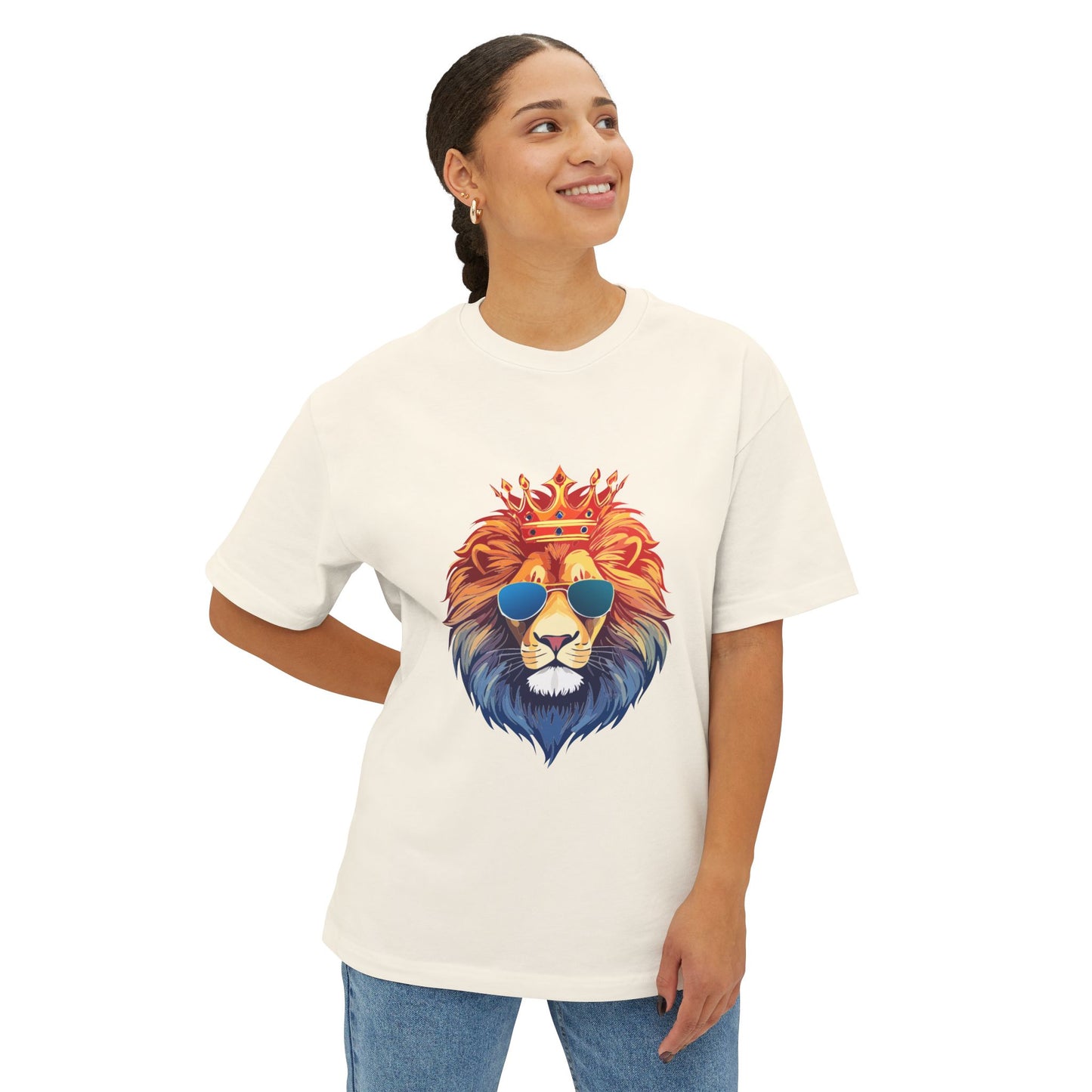 Cool Lion Sunglasses Unisex Oversized Boxy Tee - Stylish Graphic Tee, Trendy Streetwear, Casual Outfit, Gift for Animal Lovers, Summer