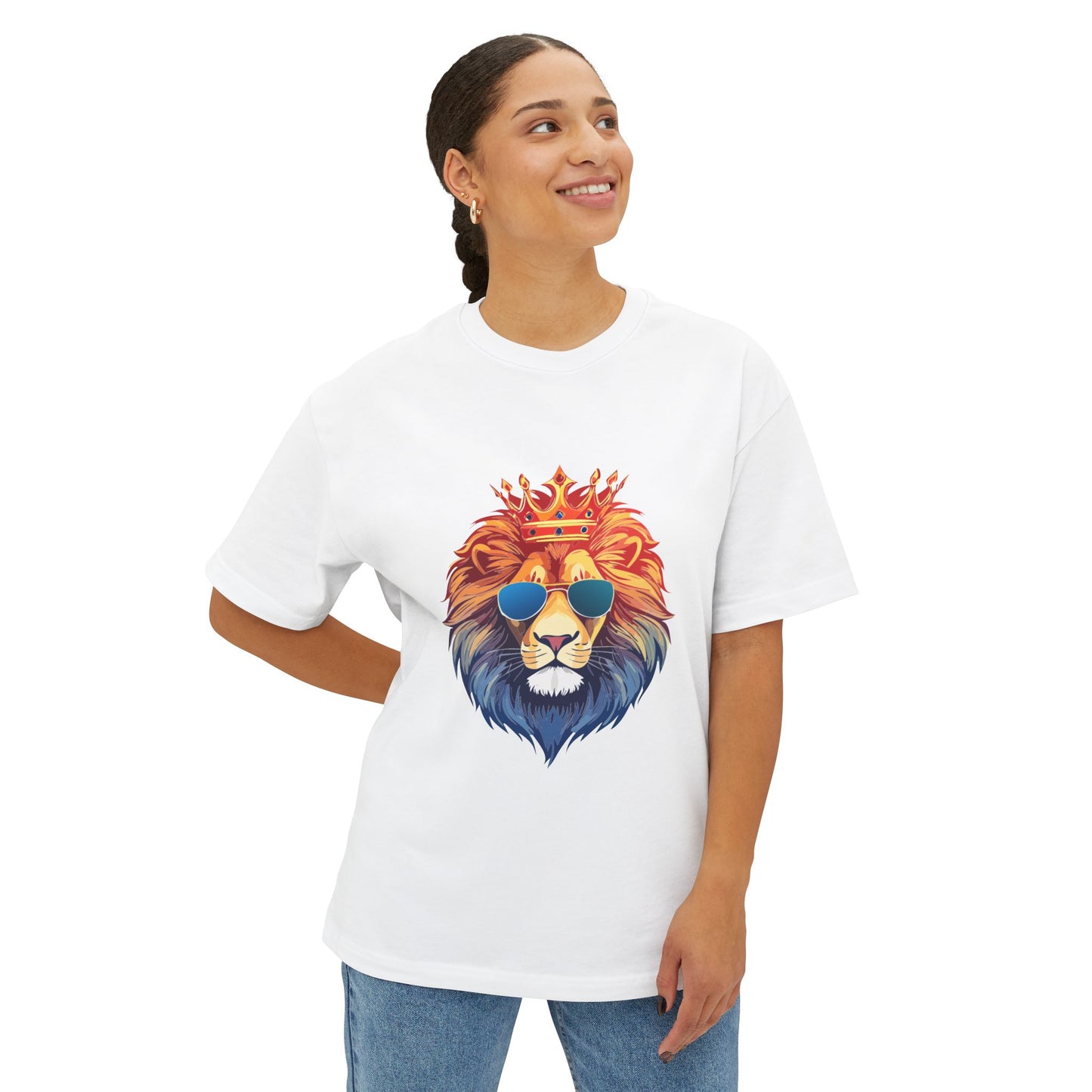 Cool Lion Sunglasses Unisex Oversized Boxy Tee - Stylish Graphic Tee, Trendy Streetwear, Casual Outfit, Gift for Animal Lovers, Summer