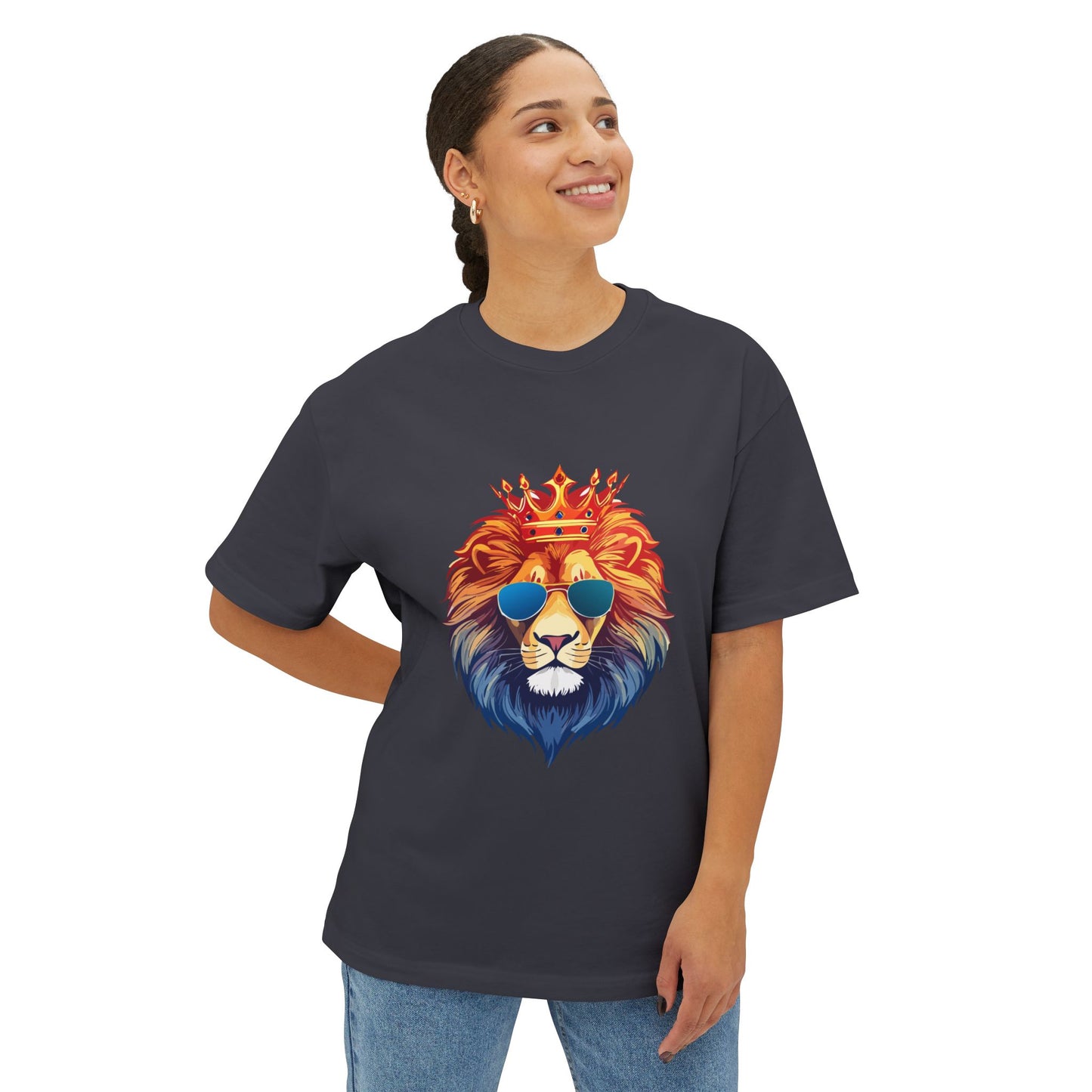 Cool Lion Sunglasses Unisex Oversized Boxy Tee - Stylish Graphic Tee, Trendy Streetwear, Casual Outfit, Gift for Animal Lovers, Summer