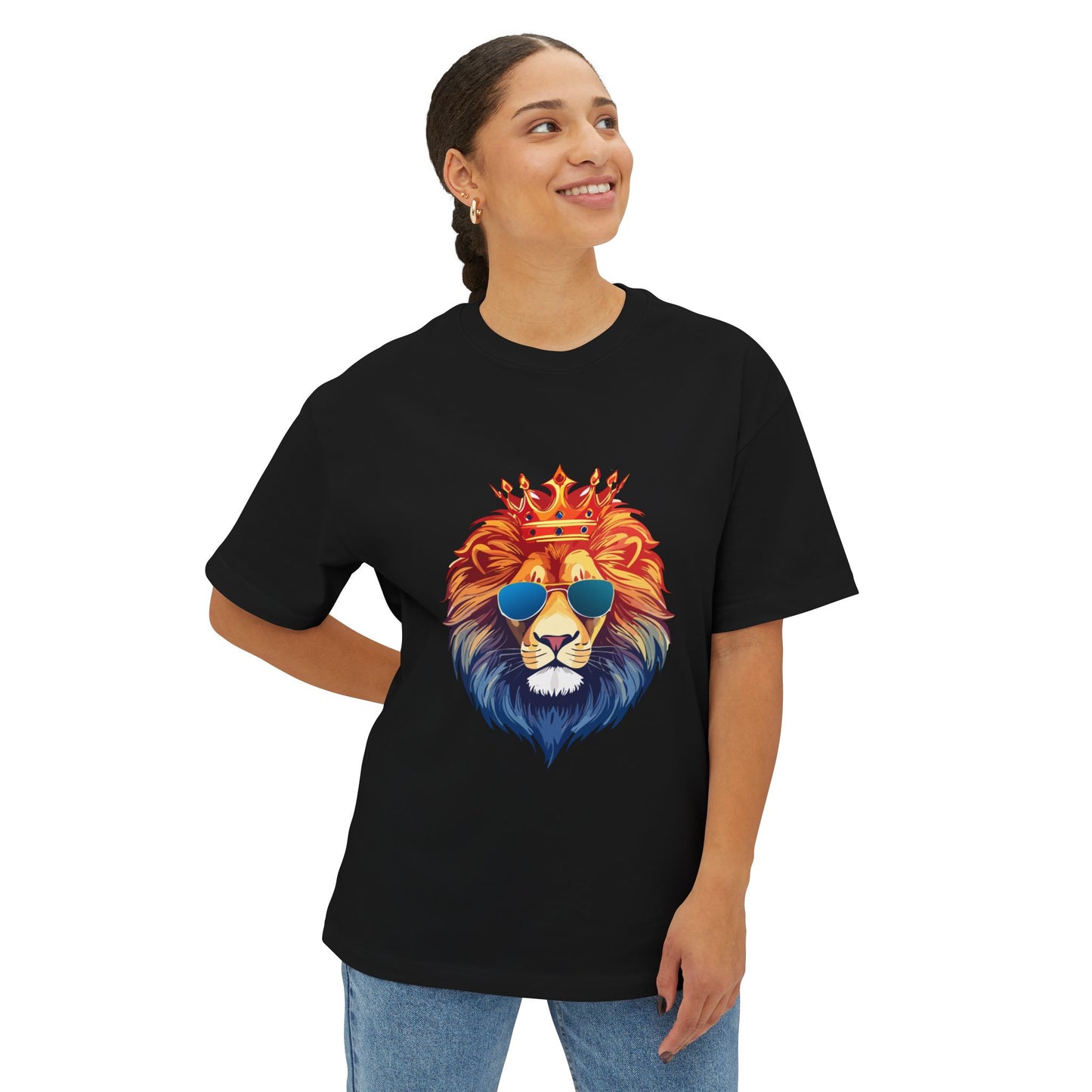 Cool Lion Sunglasses Unisex Oversized Boxy Tee - Stylish Graphic Tee, Trendy Streetwear, Casual Outfit, Gift for Animal Lovers, Summer