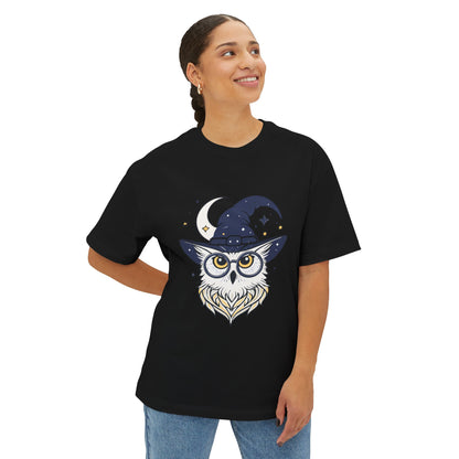 Witchy Owl Oversized Tee, Cozy Tee for Halloween, Unisex Graphic Shirt, Gift for Pet Lovers, Cute Witch Apparel, Owl Lovers Tee