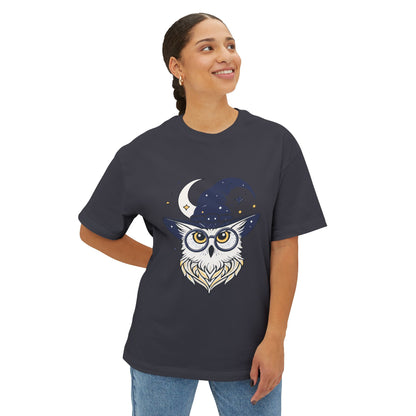 Witchy Owl Oversized Tee, Cozy Tee for Halloween, Unisex Graphic Shirt, Gift for Pet Lovers, Cute Witch Apparel, Owl Lovers Tee