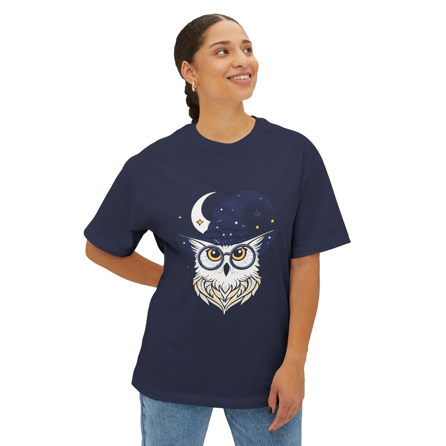 Witchy Owl Oversized Tee, Cozy Tee for Halloween, Unisex Graphic Shirt, Gift for Pet Lovers, Cute Witch Apparel, Owl Lovers Tee