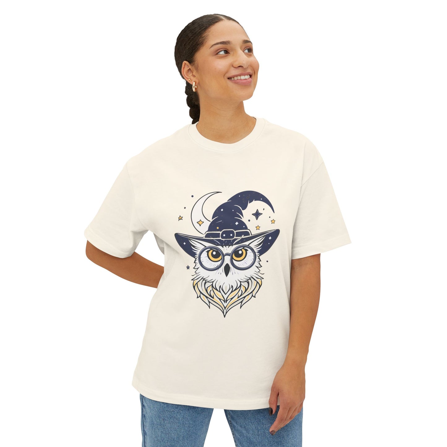 Witchy Owl Oversized Tee, Cozy Tee for Halloween, Unisex Graphic Shirt, Gift for Pet Lovers, Cute Witch Apparel, Owl Lovers Tee