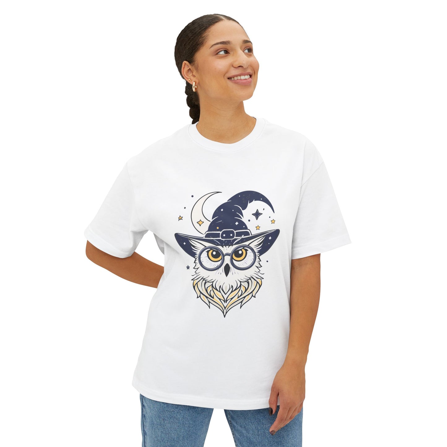 Witchy Owl Oversized Tee, Cozy Tee for Halloween, Unisex Graphic Shirt, Gift for Pet Lovers, Cute Witch Apparel, Owl Lovers Tee