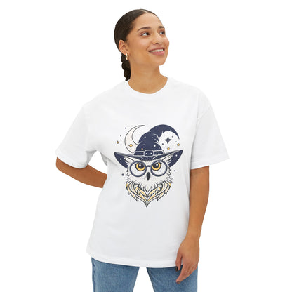 Witchy Owl Oversized Tee, Cozy Tee for Halloween, Unisex Graphic Shirt, Gift for Pet Lovers, Cute Witch Apparel, Owl Lovers Tee